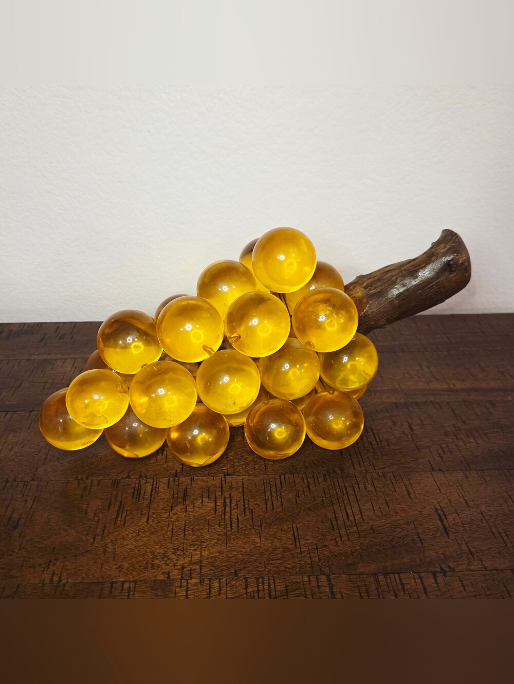 Vintage Huge Lucite Amber Yellow Grapes Cluster on Driftwood Large 14" Long MCM
